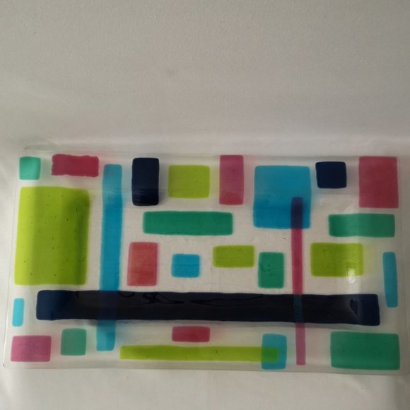 Gorgeous Hand-made Fused Art Glass Multi-Colour Rectangular Dish, Artist Signed - Picture 1 of 5